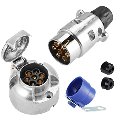 Image of SPARKMOTO 7 Pin Trailer Metal Plug Socket,12V Socket Aluminium Pole Male Female With Blue Holder 7pin Caravan RV (Screw Cap)