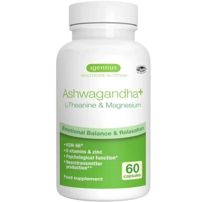 Image of Advanced Ashwagandha KSM 66 Stress Support Complex 600mg with L Theanine &amp; Magnesium, B Vitamins Zinc, Clean Label, Root only Extract 5% Withanolides, Vegan, 30 Servings, by Igennus