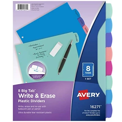 Image of Avery Durable Plastic 8 Tab Write &amp; Erase Big Dividers for 3 Ring Binders, Pastel Brights (16271)