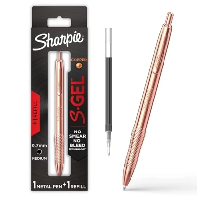 Image of SHARPIE S Gel, Gel Pen, Copper Metal Body, Medium Point (0.7mm), Black Ink, Includes 1 Pen and Additional Ink Refill