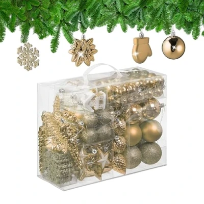 Image of 100x Christmas Ornaments, Baubles, Glittering, Matte &amp; Shiny, Tree Decorations, Plastic, 10 Designs Relaxdays
