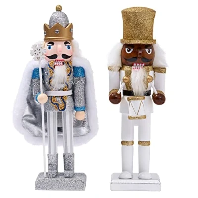 Image of THE TWIDDLERS 2 Christmas Nutcracker Soldiers with Moveable Parts, 25cm / 10&quot; Handmade Wooden Ornaments in Silver and Gold