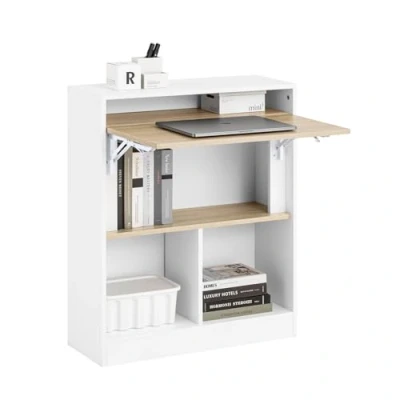 Image of SoBuy Home Office Folding Table Desk Computer Workstation with 5 Storage Shelves White and Natural W70 x D57 H85cm FWT104 WN