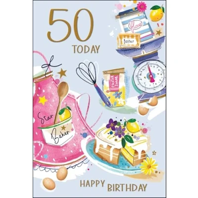 Image of Jonny Javelin Female 50th Birthday Card Happy Age 50 with Baking and Cake Design Embossed Foil Details for Women