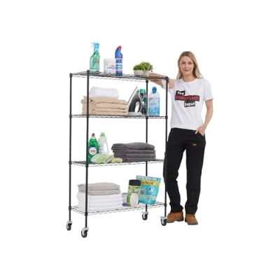 Image of The WORKPLACE Depot Wire Shelving, 4 Tier Metal Shelving Unit With Height Adustable Shelves Leveling Feet (Black, Wheels)