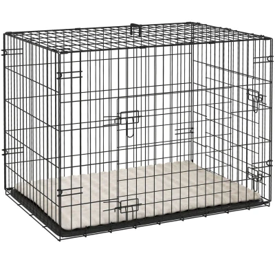 Image of PawHut Dog Crate with 2 Doors, Foldable Metal Cage Tray, Soft Cushion, for Small Dogs, 76 x 53 60, Black