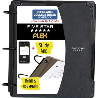 Image of Five Star Flex Refillable Notebook + Study App, College Ruled Paper, 1 Inch TechLock Rings, Pockets, Tabs and Dividers, 200 Sheet Capacity, Customizable Cover, Black (29326AA2)