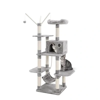 Image of Multi Level Cat Climbing Tower with Ladder Stable Tree &amp; Scratch Post Indoor Pet Activity Center Furniture Play House for Kitty Kitten (Grey 50 * 154cm)
