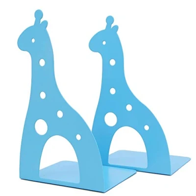 Image of Cute Cartoon Giraffe Shape Nonskid Metal Bookends Book End Books Holder Desk Organizer for Kids Gift Home Office Decoration (Blue)