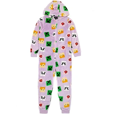 Image of Minecraft Girls Onesie Kids Children Creeper Alex Panda Game Characters Purple Hooded Fleece With Zip Gift For Gamers 11 12 Years