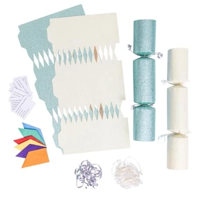 Image of evelay 12 Make Your Own Christmas Cracker Kit DIY Cream &amp; Light Green Glitter Crackers Hats Snaps Jokes (Cream, Green)