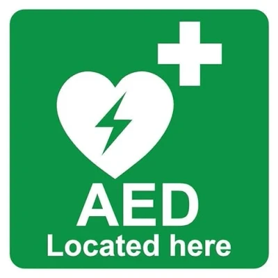 Image of AED located here emergency floor sticker Self adhesive (100mm x 100mm)