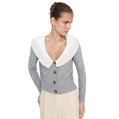 Image of Trendyol Women Regular Basic Polo Neck Knitwear Cardigan Grau