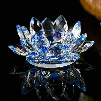 Image of Crystal Crown® Lotus Flower Tea Light Candle Holder Spin System Ornament Craft Decoration Home Decoration, 11 CM (Blue)