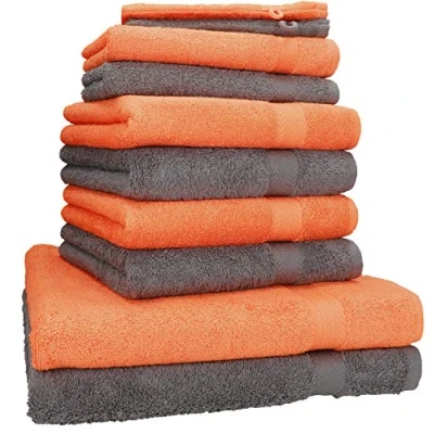 Image of Betz 10 Piece Towel Set PREMIUM 2 Wash Mitts 16x21 cm Guest Towels 30x50 4 Hand 50x100 Bath 70x140 100% Cotton colour orange and anthracite grey