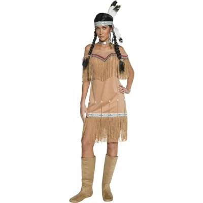 Image of Smiffys DeluxeNative American Inspired Lady Costume, Beige with Dress and Fringing, Cowboys Indians Fancy Dress, Adult Up Costumes