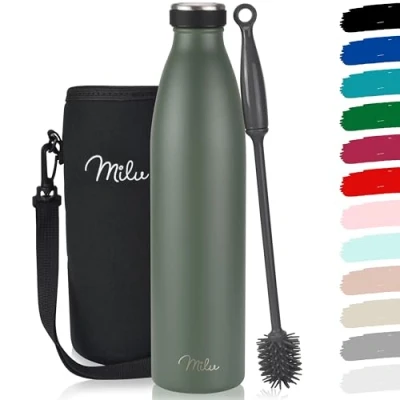 Image of Milu Stainless Steel Drinking Bottle 350ml 500ml 750ml 1L 1,5L Thermo Bottle, Insulated Water Leak Proof Double Walled, Carbonated incl. Cleaning Brush (Olive Green, 1L)