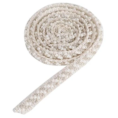 Image of HEEPDD 1 Yard Pearl Beaded Ribbon, Vintage Trim Bridal Lace Ribbon Trimming Edge Tape for Craft Sewing Wedding Dress Fabric DIY Decoration(1cm White Oblique Pearl)