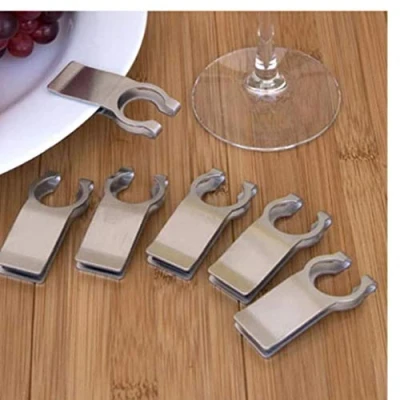 Image of 6pc Buffet Plate Clips Stainless Steel Stemware Maid Hands Free Wine Glass Holder