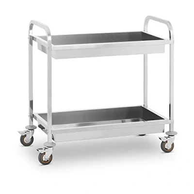 Image of Royal Catering Serving Kitchen Tea Trolley RCGW 2 (2 Container Trays, 320 kg loading capacity, 101 x 55 96.5 cm, Low vibration swivel casters, 4 Locking brakes, Stainless Steel)