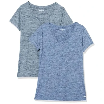 Image of Amazon Essentials Women&#039;s Tech Stretch Short Sleeved V Neck T Shirt (Available in Plus Sizes), Pack of 2, Black Heather/Navy Heather, XL