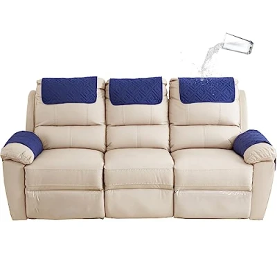 Image of GYHH Sofa Armrest Cover, Headrest Cover for Recliner Chair Arm Cover,Armchair Slipcover Nonslip Quilted Furniture Protector Pets Leather Couch (Navy,3 Seat 5 pc)