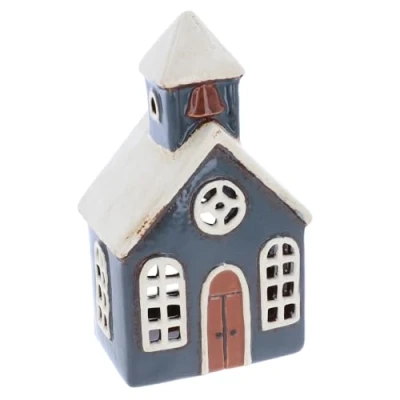 Image of Shudehill Giftware Village Pottery Ceramic Church with Bell Design Tealight Holder House
