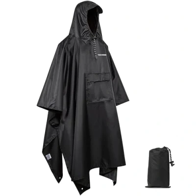 Image of TechRise Waterproof Rain Poncho, Reusable Adult Coat Lightweight Raincoat with Hood for Men and Women, 3 in 1 Multifunctional Cape Jacket Hiking, Camping Outdoor Activities, One Size