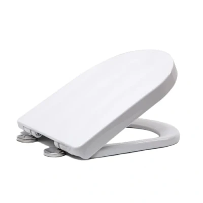 Image of D Shape Toilet Seat, White Soft Close Seat with Adjustable Stainless Hinge Quick Release, Easy Top Fixing, Anti Bacterial Cover for Family Bathroom