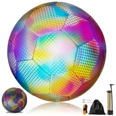 Image of Reflective Football Glowing Soccer Luminous Ball Glow in the Dark Official Size 5, Holographic Light Up Bright for Kids Adults Outdoor Sports