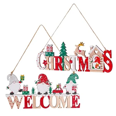 Image of Wooden Christmas Decorations Hanging Sign Welcome Door 2 Pcs Ornaments for Outdoor Indoor Wall and Tree Party Supplie