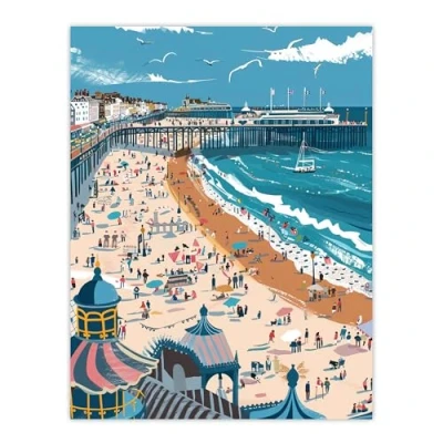 Image of Artery8 Brighton Pier Beach Holiday Colourful Painting Living Room Large Wall Art Poster Print Thick Paper 18X24 Inch