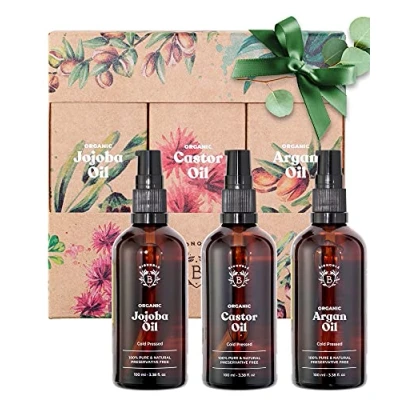 Image of Bionoble Beauty Gift Set for Women 3x100ml Organic Castor Oil, Argan Oil and Jojoba Natural Products in a Recyclable Box Face, Body, Hair, Nails Skincare
