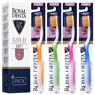 Image of Royal Denta Gold Soft Bristle Toothbrushes Pack of 4, Brush for Sensitive Teeth, Dual Length Toothbrush Interdental Cleaning, Particles to Prevent Bacteria, Multi Colour