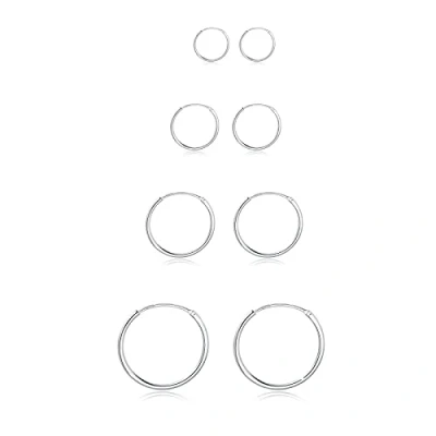 Image of 925 Sterling Silver Earrings Set 4 Pairs Hoop Unisex Sleeper Hoops 10mm 12mm 14mm 16mm Womens Mens for Women Men Girls