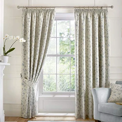 Image of Curtina Bird Trail Jacquard Lined Pencil Pleat Curtains, Duck Egg, 66&quot; Width x 54&quot; Drop (168 137cm)