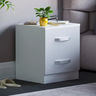 Image of Vida Designs High Gloss Bedside Tables, Nightstand Side Table (White, 2 Drawer)