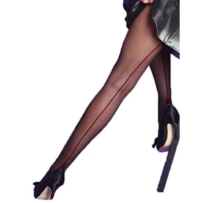 Image of Yummy Bee Sheer Tights for Women Seamed Back Seam Plus Size Women&#039;s 8 18 (Medium, Black/Red Seams)