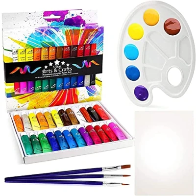 Image of Premium Acrylic Paint Set 24 Paints, 3 Brushes, Canvas &amp; Palette. Non Toxic. Paper, Canvas, Rock, Wood, Ceramic Fabric. Vibrant Pigments for Beginners, Professional Artists, Kids Adults.