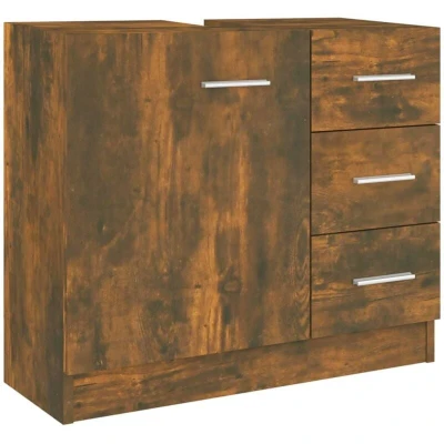 Image of vidaXL Sink Cabinet, Smoked Oak Engineered Wood 63x30x54 cm Modern Under Storage Unit with 3 Drawers and Compartment Easy to Clean Bathroom Vanity Not Included