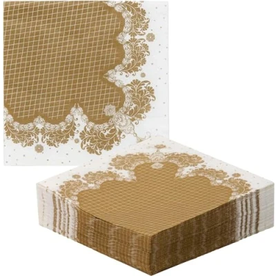 Image of 40 x Gold Paper Napkins Strong and Soft Serviettes Elegant Design Recyclable Tableware for Christmas, Birthday Party, Weddings, Anniversary Made Pack of