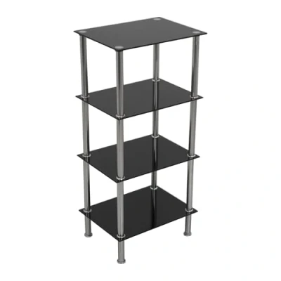 Image of AVF S44 Square Shelving Unit 4 Tier Black Safety Glass Shelves with Chrome Legs, Storage Unit, Display Shelving, 5kg Max Shelf Weight