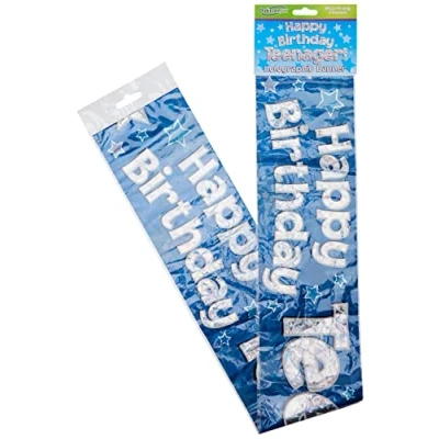 Image of OakTree 625044&quot; Happy Birthday Teenager Foil Holographic Banner, Blue, 9 ft