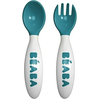 Image of BÉABA Set of 2nd Age Training Fork and Spoon Nude Ergonomique Shape Suitable for Left Handed Right Transport Case included Blue