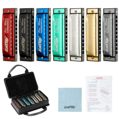Image of East top Diatonic Harmonica Set of 7, 10 Holes Blues T003 Mouth Organ set, A, B, C, D, E, F and G key harmonicas for Adults, Beginner, Professionals Students as Gift