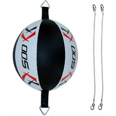 Image of Leather Double End Dodge Speedball Bag MMA Boxing Training Floor to Ceiling Punch Punching Speed Ball Trainer (Black/Wht)