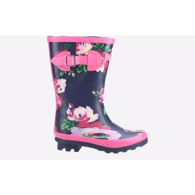 Image of Cotswold Childrens Unisex Flower Wellington Boot Junior Girls Navy Size UK 8 Infant