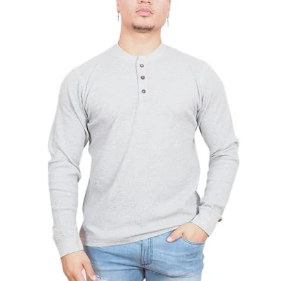 Image of Enzo Moretti Mens Thermal Top Long Sleeve T Shirt Henley Cotton Rich Waffle Knit Work Casual Light Grey