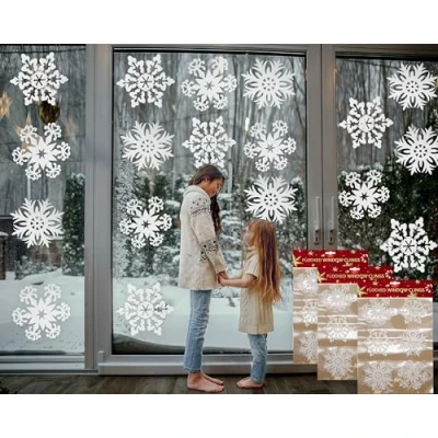 Image of Christmas Snowflakes Window Stickers, PVC White Glitter Decals for Xmas Clings Decorations Winter Party Ornaments (3 Sheets)