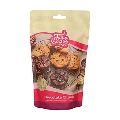 Image of FunCakes Chocolate Chunks White, Delicious Bake Stable Chips to add Cakes, Cupcakes, Muffins or Cookies, Made of Real Belgian Chocolate, Halal. 350 g.